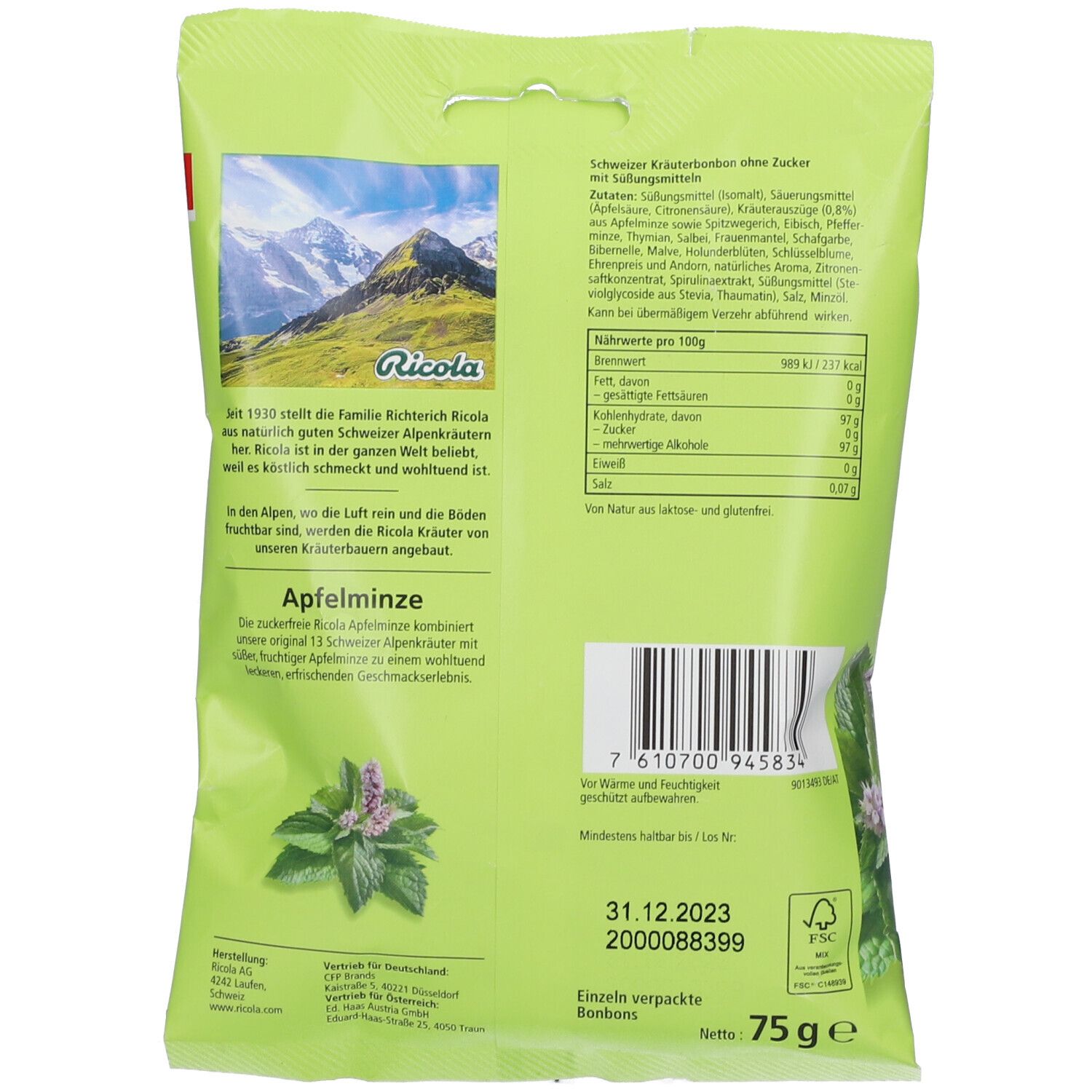 Ricola® Schweizer Kräuterbonbons Apfelminze ohne Zucker shopapotheke.ch
