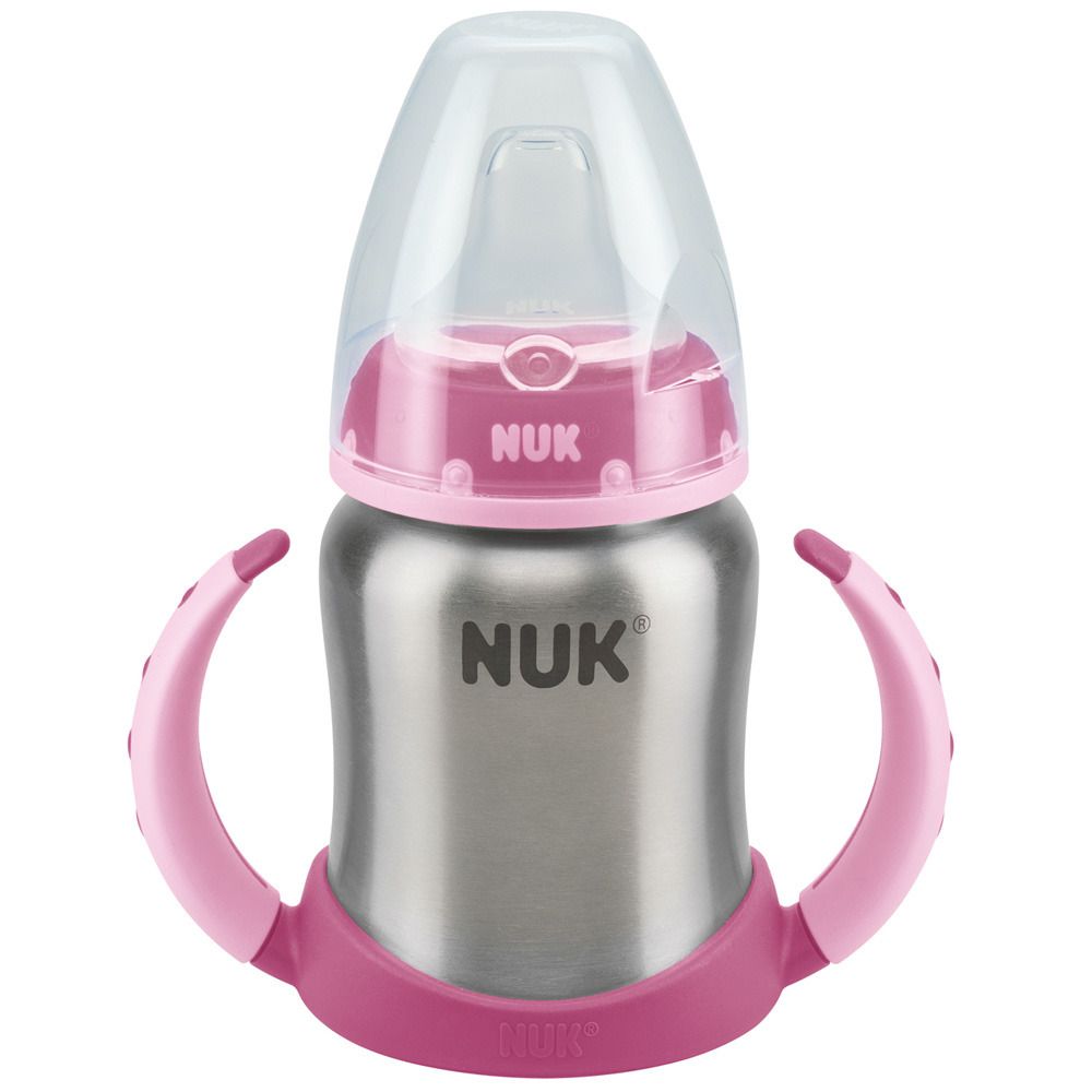 Image of NUK First Choice Plus Learner Cup Edelstahl Trinklernflasche rosa 125ml mit Griffen & Silikon Trinktülle, 6-18 Monate