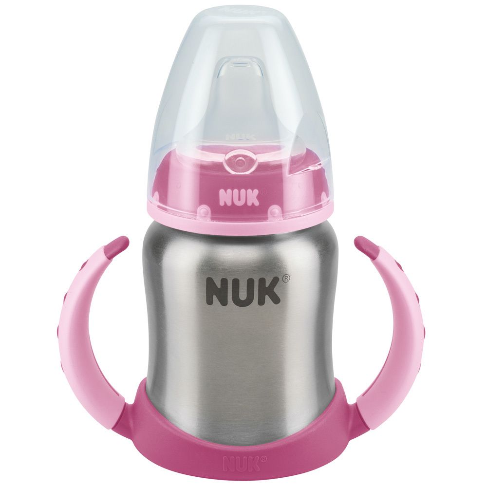 NUK First Choice Plus Learner Cup Edelstahl Trinklernflasche rosa 125ml mit Griffen & Silikon Trinktülle, 6-18 Monate