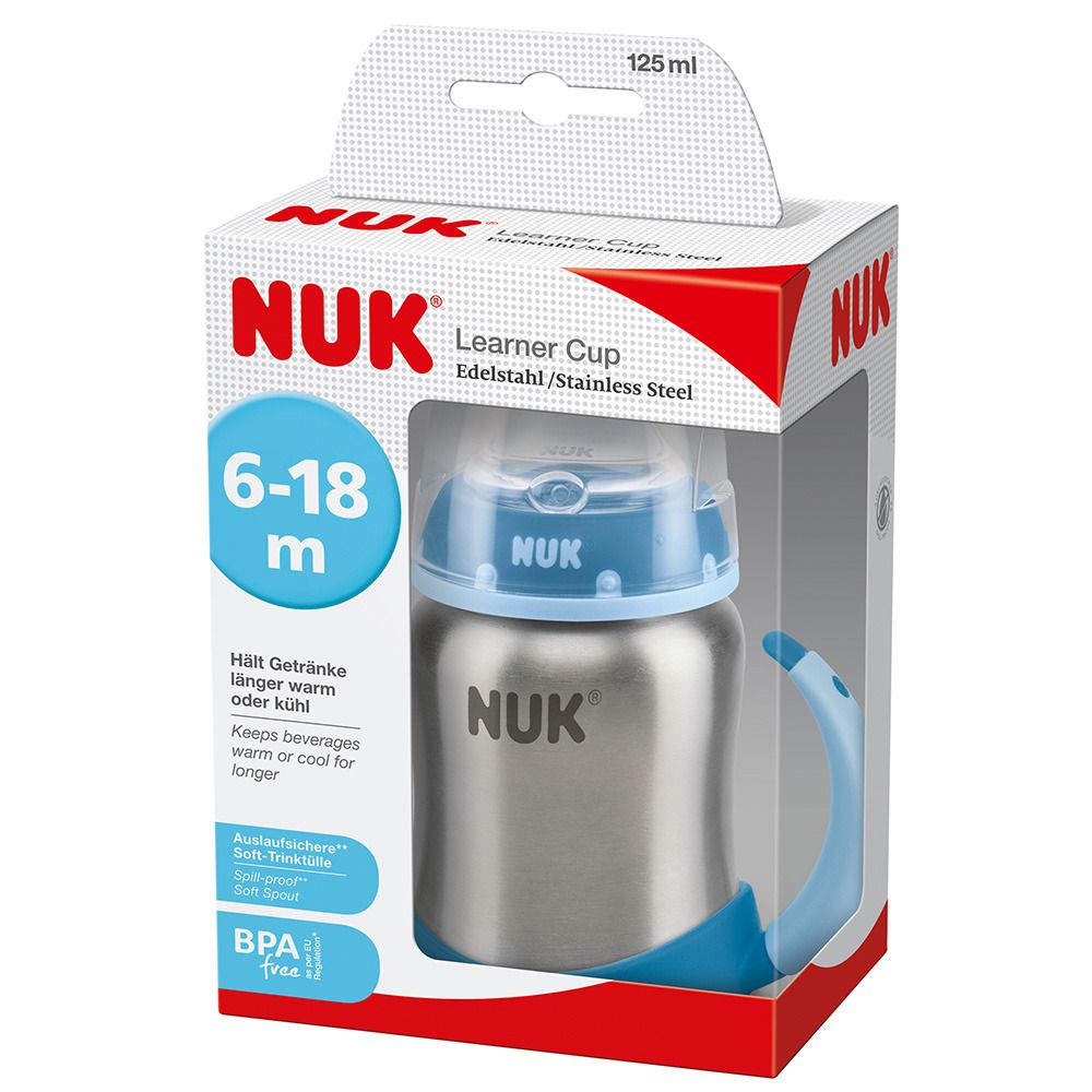 Image of NUK First Choice Plus Learner Cup Edelstahl Trinklernflasche blau 125ml mit Griffen & Silikon Trinktülle, 6-18 Monate