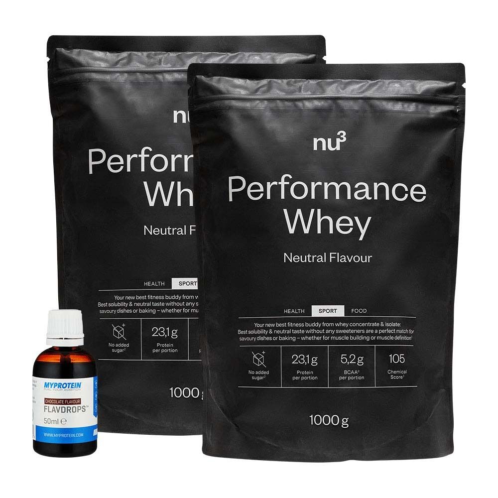 nu3 Performance Whey, Neutral - Poudre de protéine + MyProtein FlavDrops, Chocolate, Flavour Drops