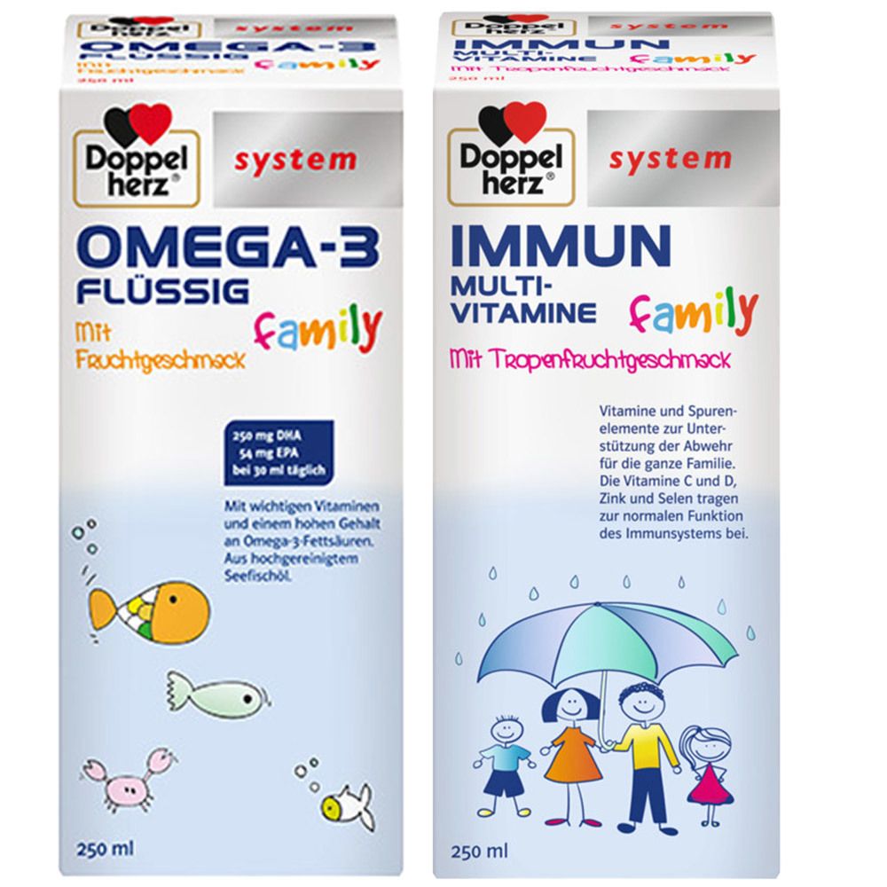 Image of Doppelherz® system OMEGA-3 flüssig family + system IMMUN Multivitamine family