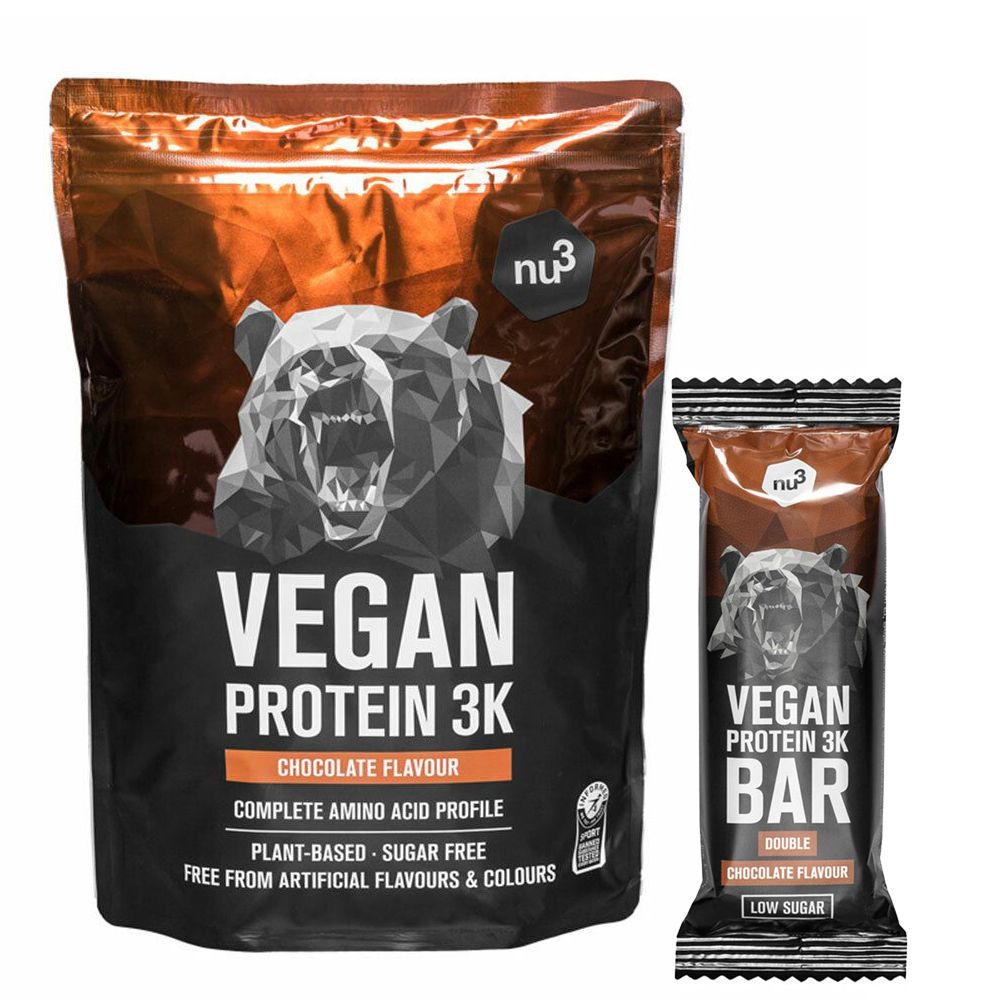 nu3 Vegan Protein 3K Shake, Schokolade + Vegan Protein 3K Bar Double Chocolate