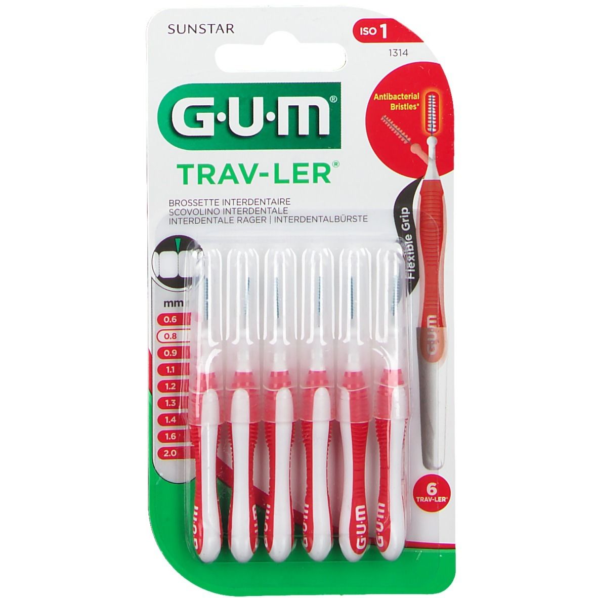 GUM TRAV-LER 0,8mm Kerze rot Interdental+6Kappen