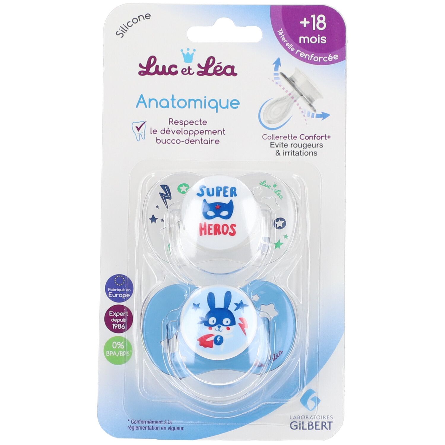 Luc et Léa 2 Schnuller anatomisch Super Hero +18 Monate mit Ring (Farbe nicht wählbar).
