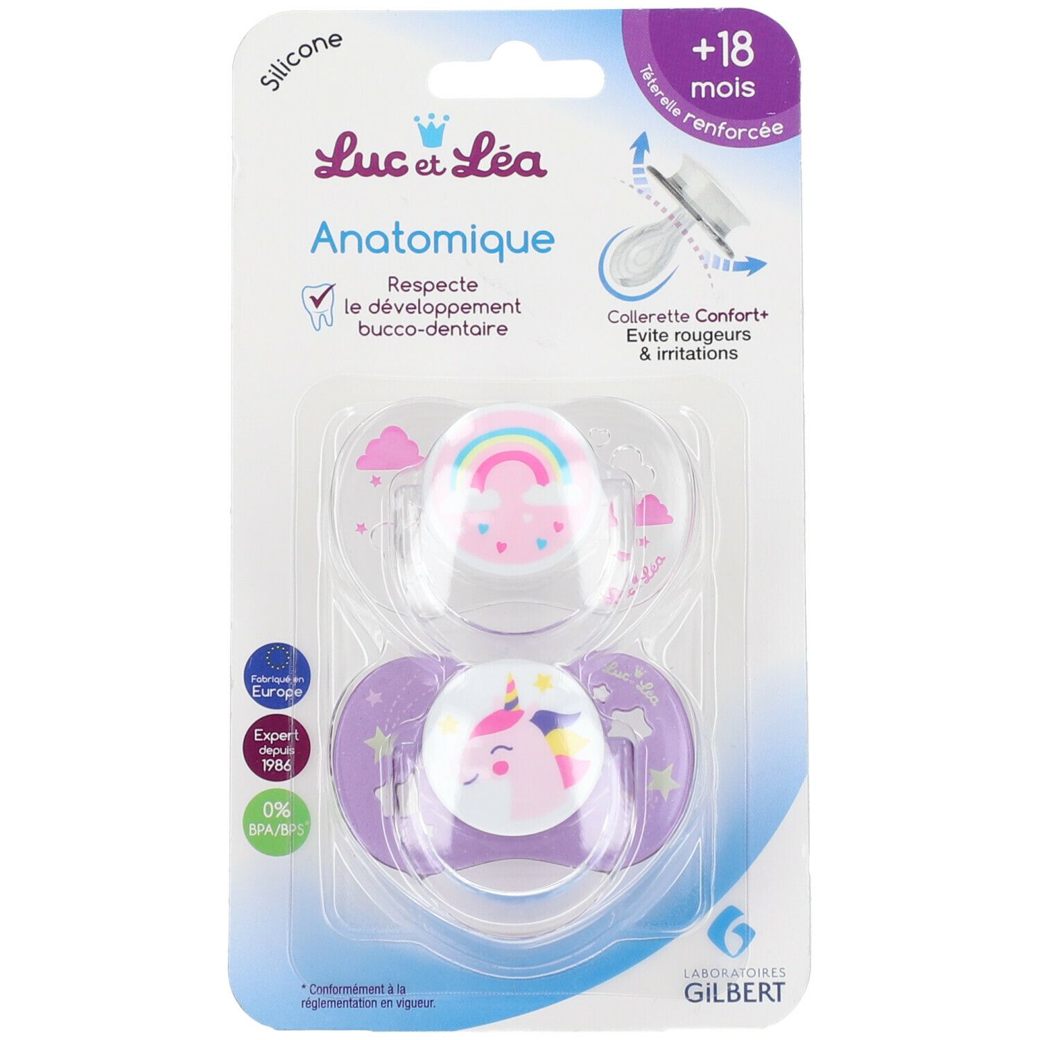 Luc et Léa 2 Anatomisch geformte Schnuller Einhorn/Regenbogen +18 Monate mit Ring (Farbe nicht wählbar)