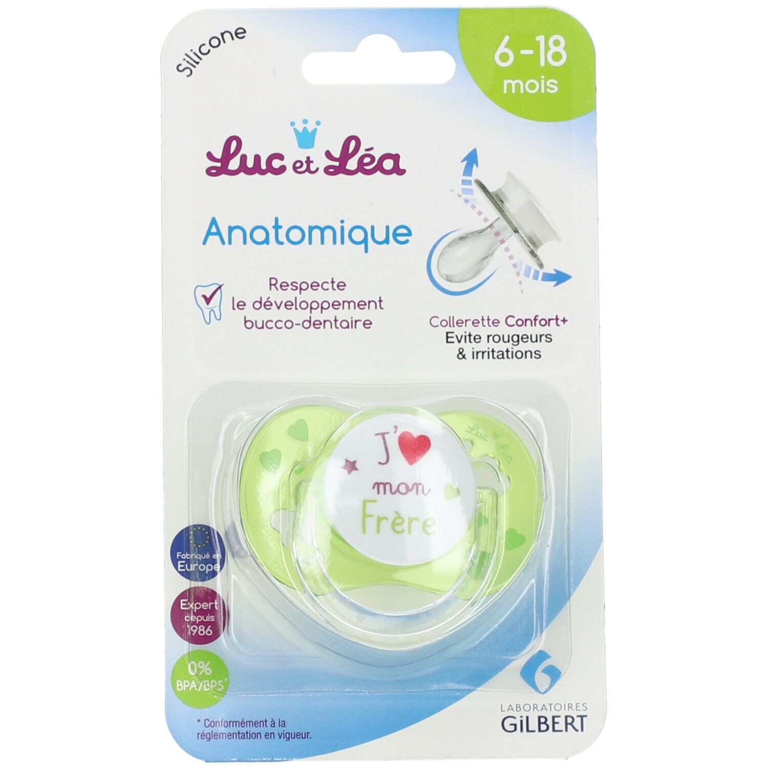 Luc et Léa 2 Anatomische Schnuller Ich liebe meinen Bruder 6-18 Monate mit Ring (Farbe nicht wählbar)