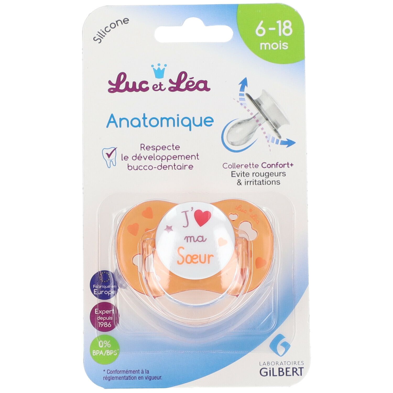 Luc et Léa 2 Anatomische Schnuller J'aime ma soeur 6-18 Monate mit Ring (Farbe nicht wählbar)