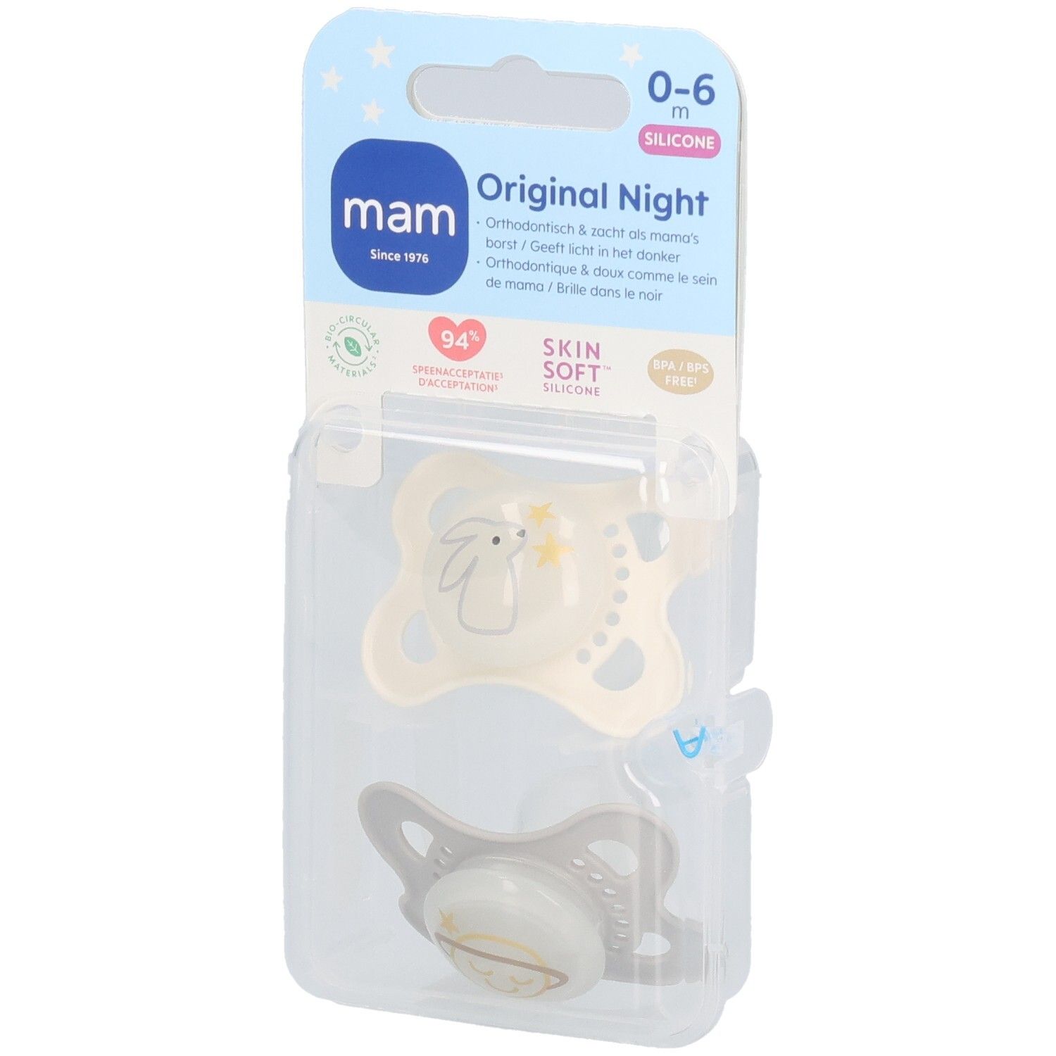 MAM Original Night Schnuller 0-6 Monate Hase/Mond 2 Stück Leuchtend