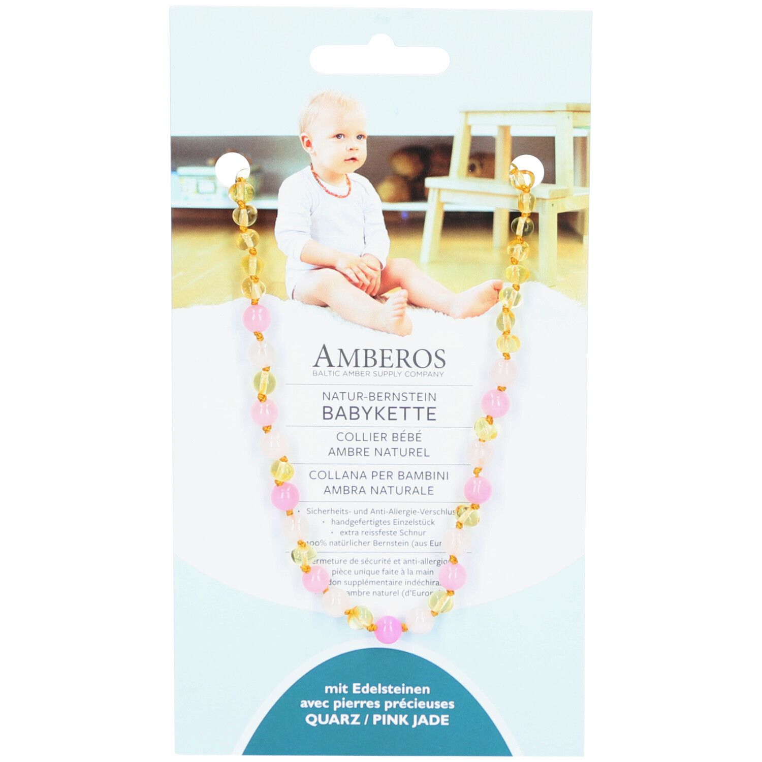 Amberos Babykette aus Naturbernstein mit Quarz und rosa Jade 32 cm
