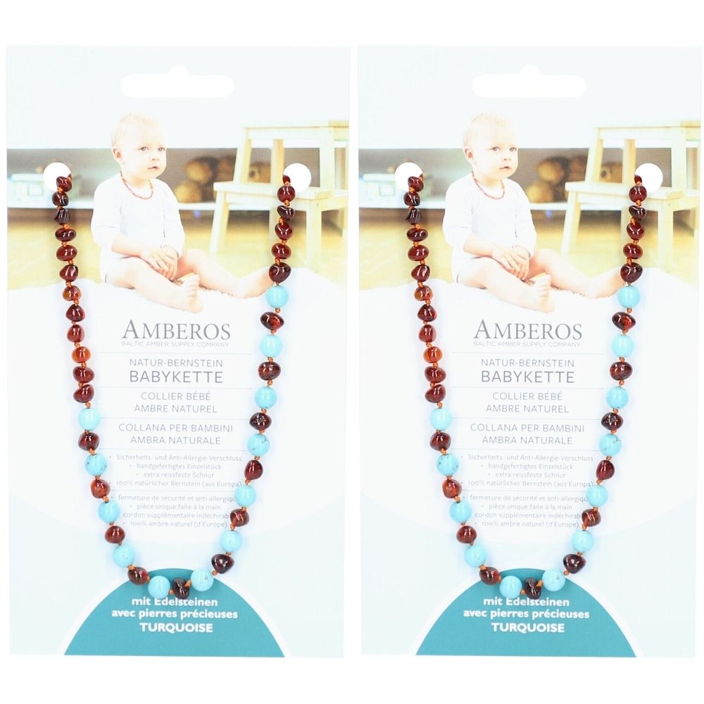 Amberos Babykette Naturbernstein mit Türkis 32 cm
