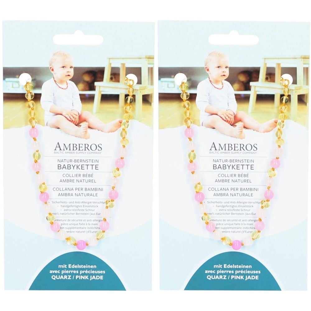 Amberos Babykette aus Naturbernstein mit Quarz und rosa Jade 32 cm