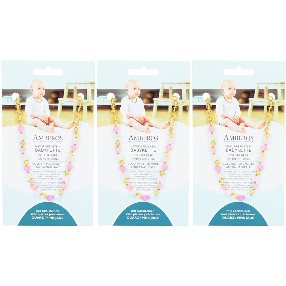 Amberos Babykette aus Naturbernstein mit Quarz und rosa Jade 32 cm