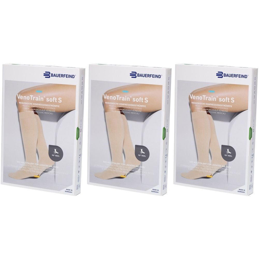 Bauerfeind VenoTrain Soft Strumpf creme - Medizinische Kompressionsstrümpfe - AG Ccl2 Größe M normal/lang offener Fuß mit Mikropunkten und spezieller Ferse